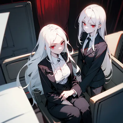 Black blazer, white buttoned blouse, black pants. A dimly lit office. Serious expression sitting in an office chair. White hair, red eyes, slim and pale skin. Red eyes and pale skin. Beautiful illustration, anime style. One character. 