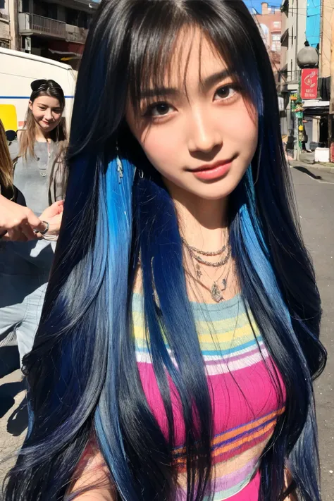 arafed asian woman Long hair and blue hair standing on a street, Ulzan, 飘逸Long hair, Long, shiny, colorful hair, Long hair, 8k selfie photo, ilya kuvshinov Long hair, Korean Girl, 闪亮的Long hair, Shiny and flowing hair, asian girl Long hair, Long hair and pi...