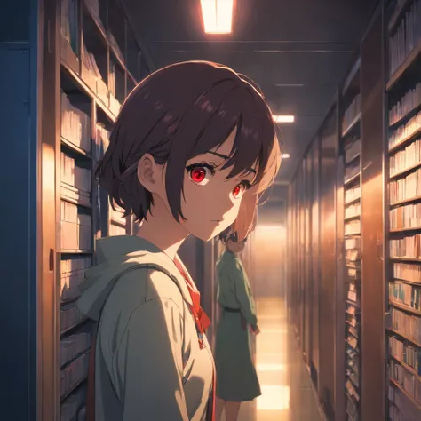 A chilling, dark scene from a Japanese mystery and horror anime, girl with twisted, grotesque face, glowing red eyes, dimly lit eerie hallway, open lockers, floating books, tense atmosphere, sense of unease and impending doom, anime, horror, sci-fi, detail...