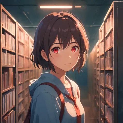 A chilling, dark scene from a Japanese mystery and horror anime, girl with twisted, grotesque face, glowing red eyes, dimly lit eerie hallway, open lockers, floating books, tense atmosphere, sense of unease and impending doom, anime, horror, sci-fi, detail...