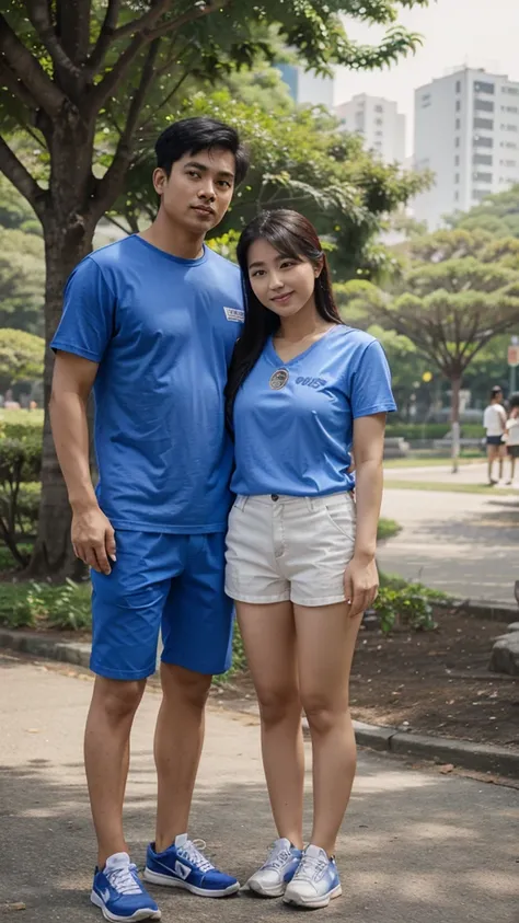 Realistic pilipino couple wearing a blue shirt and shorts standing in park of korea.