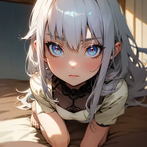 ((best quality)), ((masterpiece)), (detailed), 1 Girl,bedroom, Silver Hair，Silver pupils，bend over，Lean forward，Barefoot，Slender figure，Slim body，9 years old，Bangs，Slightly curly long hair，bedroom，beautiful girl，Beautiful face，Oval face，big eyes，Light make...