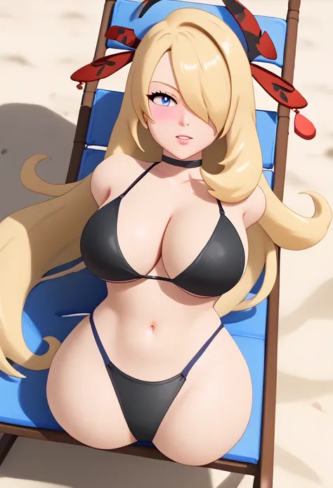 (best quality, masterpiece1.2), 1girl,, 3d, 3d render, blush, woman, sexy, detailed, extreme detail, perfect lighting, 4k, vivid colors,lying on beach chair,beach chair,chair, beach, black bikini, wide hips, big breasts BREAK anime style, source anime,1gir...