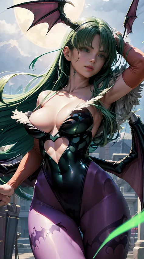 maximum quality、first work、super high resolution、(photorealistic:1.4)、1 girl、Bright green long hair、straight hair, shiny and clean hair、((green eyes)) , White and luminous skin、Chica sexy ciberpunk、((Super realistic details))、shadow、Octane representation、u...