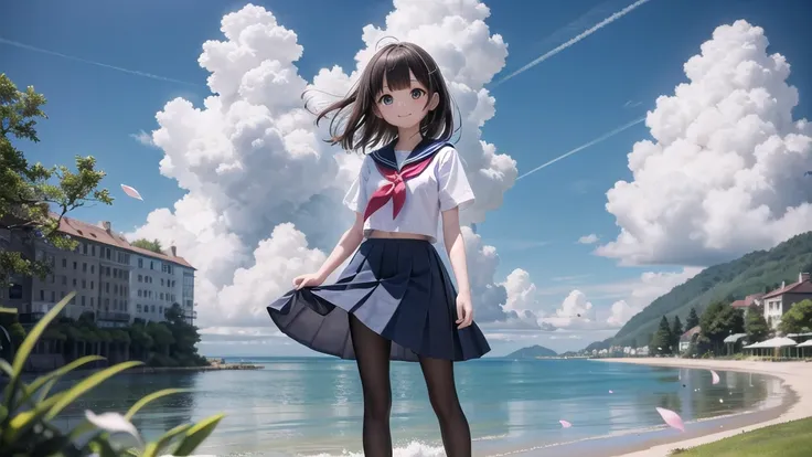 (masterpiece),  town,  blue sky,  Cumulonimbus, A girl in front（whole body）,  smile,  alone,  Sailor Long Skirt,  Overgrown,  petal,  plant、Skirt lining、Translucent slip、nostalgic、Black Pantyhose、Especially the sea view