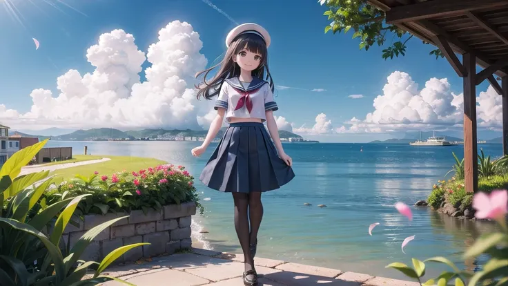 (masterpiece),  town,  blue sky,  Cumulonimbus, A girl in front（whole body）,  smile,  alone,  Sailor Long Skirt,  Overgrown,  petal,  plant、Skirt lining、Translucent slip、nostalgic、Black Pantyhose、Especially the sea view