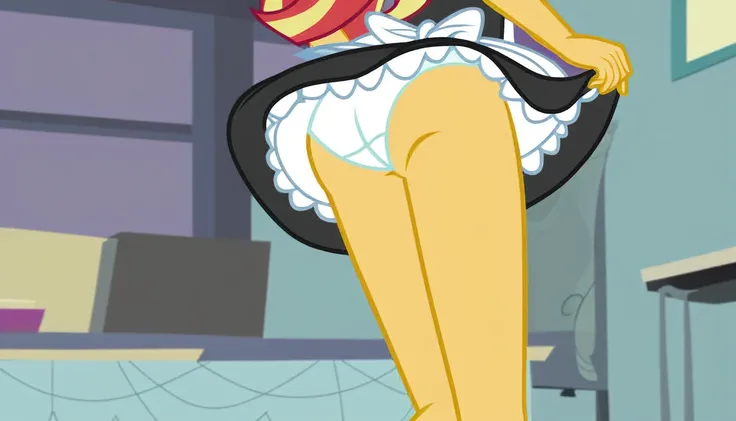 upskirt, solo female, equestria girls, sunset shimmer, butt, clothes, maid, panties, panty shot, underwear, sunbutt, show accurate, vector