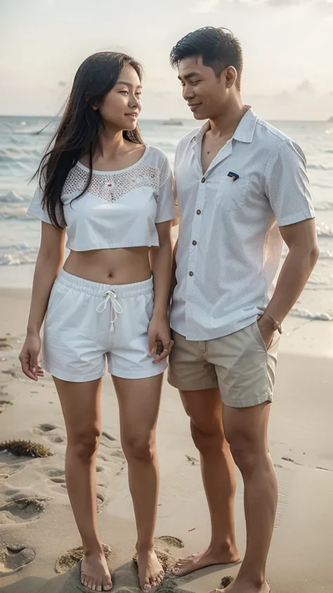 Realistic pilipino couple wearing a summer outfit  and shorts standing in beach.