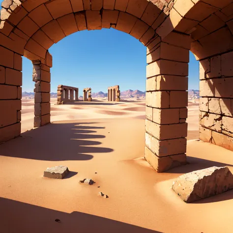 ((((No humans))))、desert、Ancient ruins, blue sky, high quality, 8K