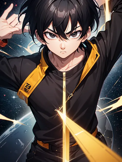 An adult boy, black hair, black eyes, designed in the style of Dragon Ball Z, in the middle of space holding a black photo.