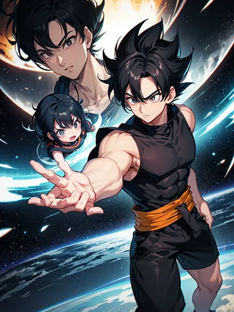 An adult boy, black hair, black eyes, designed in the style of Dragon Ball Z, in the middle of space holding a black photo.