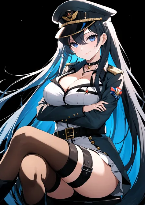 1girl, solo, long hair, breasts, looking at viewer, smile, blue eyes, large breasts, black hair, thighhighs, hat, cleavage, hair between eyes, sitting, very long hair, blue hair, boots, choker, belt, uniform, military, military uniform, thigh boots, crosse...