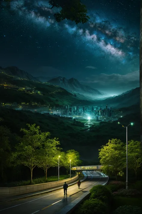 Landscape , city scene  , ultra detailed fantasy, magical world,galaxy design sky, futuristic alien technology infrastructure in scene , greenry attached with infrastructure , people in the city , people roaming , people wearning astronaut dress  ,  realis...