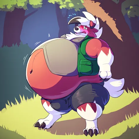 score_9_up, solo, male Lycanroc, anthro, male, pokemon, pokemon (species), generation 1 pokemon, embarrassed, blushing, floating above the forest, inflated arms, inflated legs, hyper inflation