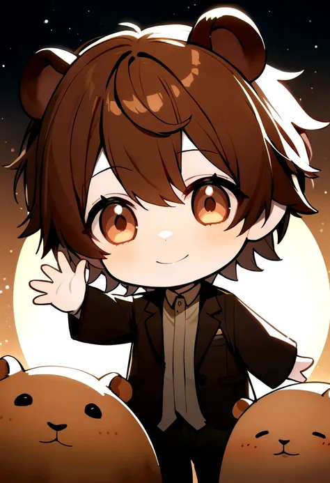 Pale skin, male, capybara ears, smiling, looking at viewer, waving hi, chibi, brown hair, brown eyes