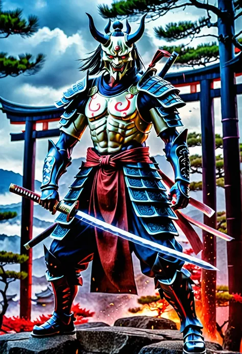 (demon samurai)、(Wearing a demon mask)solo man, glowing red eyes、Like the whole body、(cyborg Armed with a long sharp knife)、Stand facing the front,magnificent artwork、((Kyoto Panel Painting Style))、Wind-effect:1.9、Cloud Effects:1.2、Full Rendering、Encaustic...