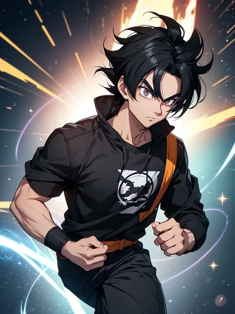 An adult boy, black hair, black eyes, designed in the style of Dragon Ball Z, in the middle of space holding a black photo.