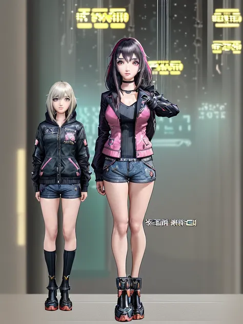 Anime girl in short shorts and a jacket stands next to a giant robot., artwork in the style of Guvez, cyberpunk anime girl robot, Trending on cgstation, Guvez, By Russell Dongjun Lu, Digital Cyberpunk Anime Art, Ross Tran 8g, Guvez on artstation pixiv, Gir...