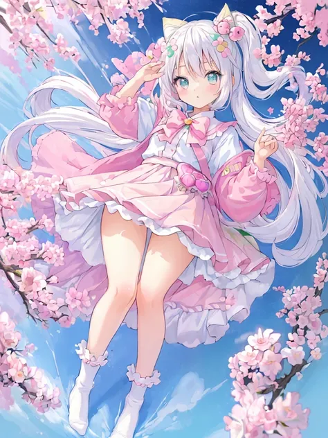 ((masterpiece)), ((best quality)), (ultra-detailed), (kawaii), kawaii, cute, lovely, illustration, anime style, (beautiful eyes), Spring-themed, 1 girl, pastel color, white straight hair, wearing white pink seifukuu, wearing pink skirt, long white socks, c...