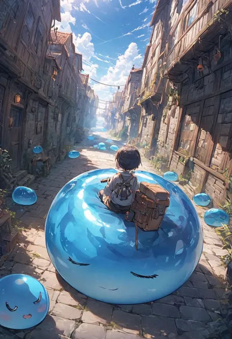 A little swordsman riding on a blue slime, Dungeons、Clear blue sky、adventure、Fisheye Lens、SLR、I feel the depth、Fun expression、Gazing into the distance、from behind