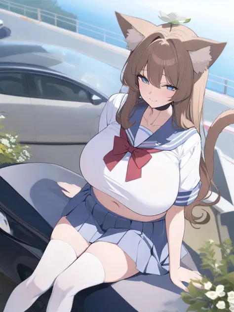 masterpiece, best quality, high quality, beautiful anime character, solo, anime girl with brown hair, long hair, car ears, blue eyes, big breasts, mature female, big girl, light smile, outdoors, almost full body, (sailor uniform, ribbon, pleated skirt), wh...