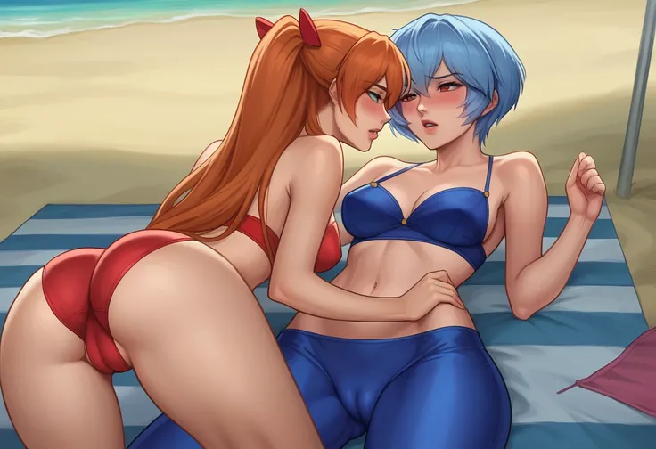 score_9, score_8_up, score_8_up, source_anime, sequence, comic, 8-panel, 2girls, (Asuka Langley Soryu, orange hair, long flowing hair:1.2), (Rei Ayanami, blue hair, short bob hair:1.2), yuri, girlfriends, lovers, hair ornament, flowing hair, cleavage, biki...