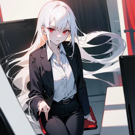 Black blazer, white buttoned blouse, black pants. A dimly lit office. Serious expression sitting in an office chair. White hair, red eyes, slim and pale skin. Red eyes and pale skin. Beautiful illustration, anime style.