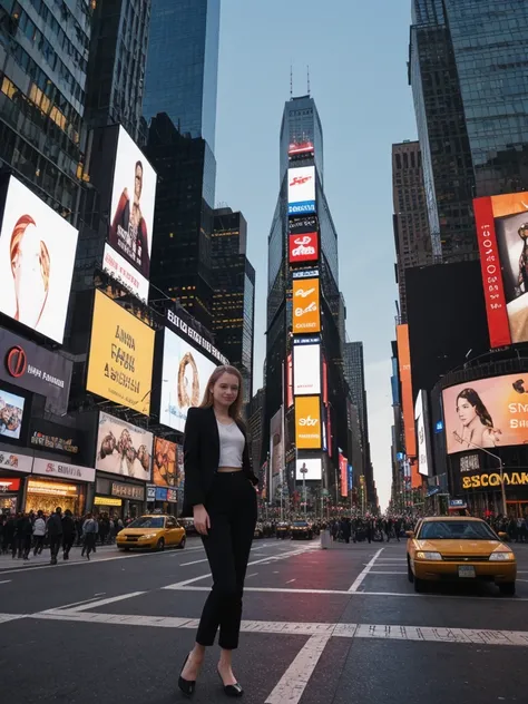 her name is Elle, high quality, 1girl, ((20-year-old fit Caucasian woman)), ((20 years old)), ((fit)), ((pale skin)), short length straight dark hair , wearing Cropped Graphic Blazer + High-Waisted Split Hem Pants, pose: standing, background: Detail the bu...