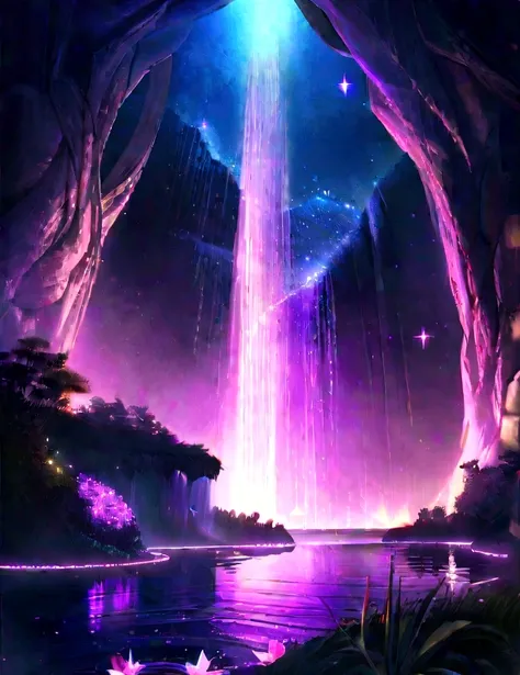 A shimmering purple|pink|blue waterfall amongst strange magical flowers, night time, sparkling fairy lights, magical,  high quality  a fairyland waterfall, realistic water, ripples, 8k