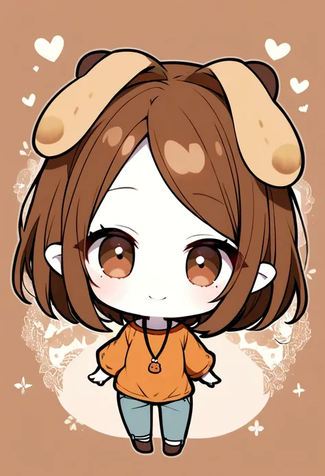 Pale skin, capybara ears, brown hair, brown eyes, staring at the viewer, smiling, casually dressed, lovely, chibi.