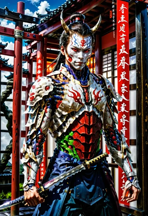 (demon samurai)、(wearing a demon mask)solo man, glowing red eyes、like the whole body、(cyborg armed with a long sharp knife)、stan...