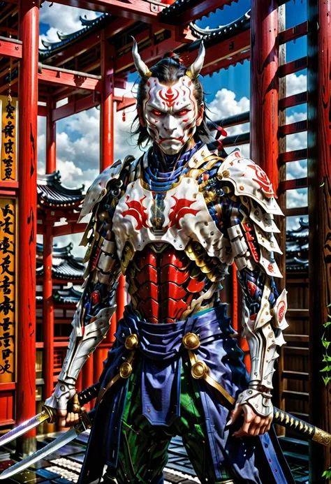 (demon samurai)、(wearing a demon mask)solo man, glowing red eyes、like the whole body、(cyborg armed with a long sharp knife)、stan...