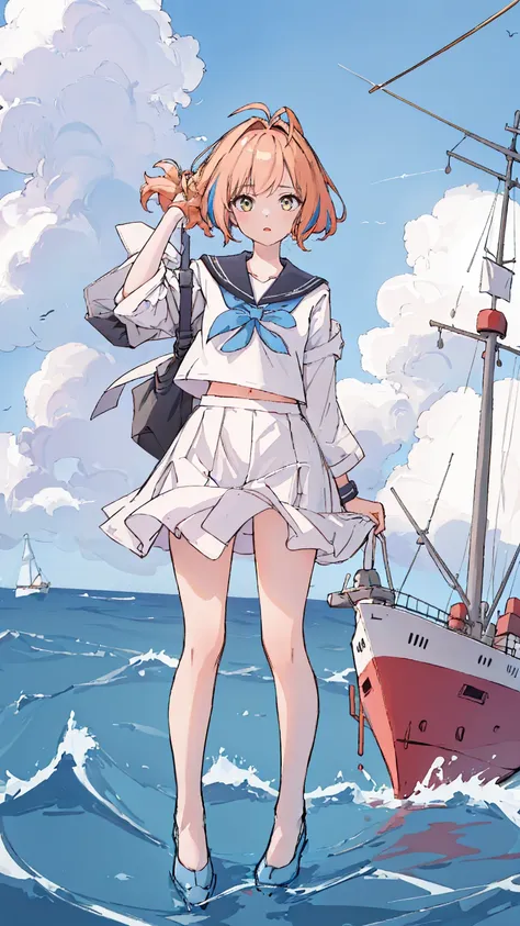 (masterpiece,best quality,absurdres),1girl,solo,looking at viewer,dynamic_angle,colorful, antenna hair,Sailor,navigation,ship,cutlass,sailing
