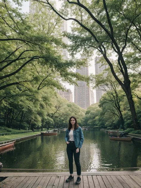 her name is Elle, high quality, 1girl, ((20-year-old fit Caucasian woman)), ((20 years old)), ((fit)), ((pale skin)), short length straight dark hair , wearing Deconstructed Denim Jacket + High-Waisted Utility Cargo Pants, pose: standing, background: Write...