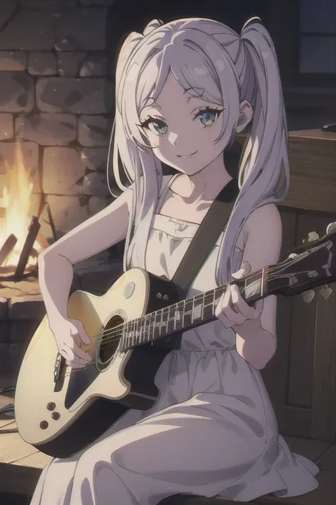 Masterpiece, Anime Girl, Funeral of Frieren, Detailed face ,Delicate eyes, Silver Hair, Twin tails, White dress, Hand-On Guitar, ookinagita - sitting, Before the bonfire, (((Playing a big guitar with gusto))), Looking at the camera、smile