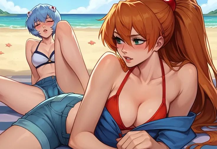 score_9, score_8_up, score_8_up, source_anime, sequence, comic, 8-panel, 2girls, (Asuka Langley Soryu, orange hair, long flowing hair:1.0), (Rei Ayanami, blue hair, short bob hair:1.0), yuri, girlfriends, lovers, hair ornament, flowing hair, cleavage, biki...