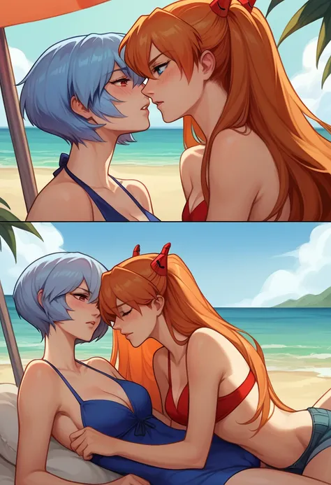 score_9, score_8_up, score_8_up, source_anime, sequence, comic, 8-panel, 2girls, (Asuka Langley Soryu, orange hair, long flowing hair:1.0), (Rei Ayanami, blue hair, short bob hair:1.0), yuri, girlfriends, lovers, hair ornament, flowing hair, cleavage, biki...