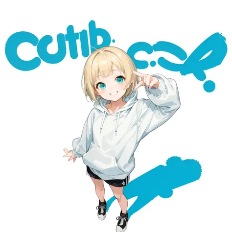 First Job, Better Quality, 1. garota Laughter, Short Mash Hair、Short Hair、Blonde Hair Color、Turquoise Eyes、White hoodie、Black hot pants、Black sneakers、, Little , Little, Laughter (Solo Girl)、Looking up、The camera is from above、The front hair is straight、Pl...