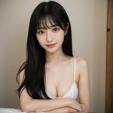 solo, Japanese woman, H cup, cool, erotic, models expression, porn star, black straight hair, straight bangs, oval face, large round dark eyes, small well-shaped nose, small full lips, warm smile, thin neat eyebrows, clean and approachable aura,