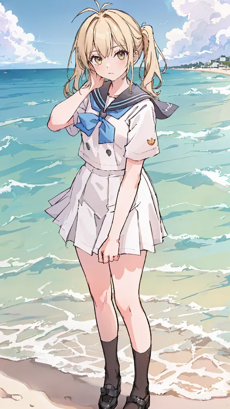 (masterpiece,best quality,absurdres),1girl,solo,looking at viewer,dynamic_angle,colorful, antenna hair,sailor uniform, beach , s...