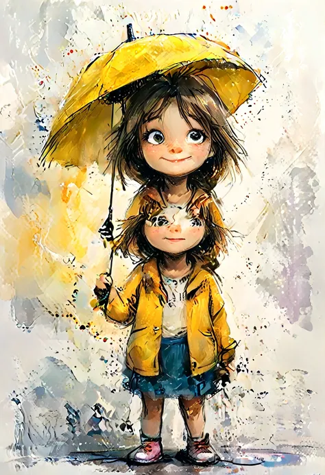 impactful colorful painting of a cute drawing of a little girl, the  holds a yellow umbrella, highy detailed,  8K,   Spitz,  proffesional, clearing,   hight contrast, crystal clearing