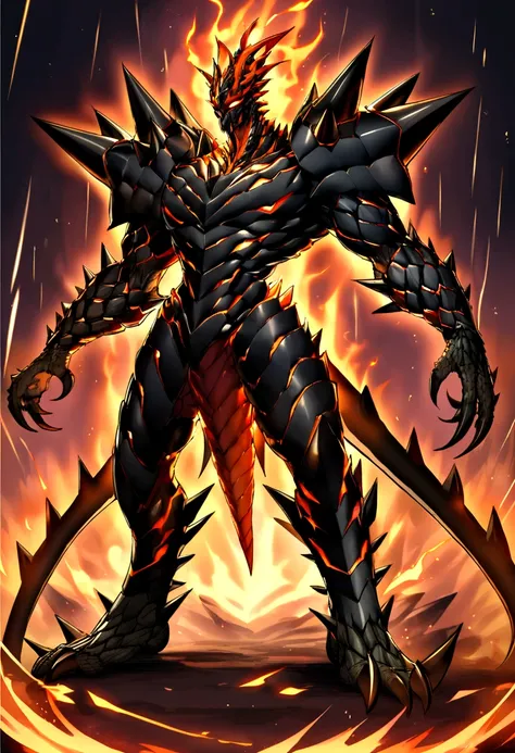 Original Kaiju armor form of a human, sharp, obsidian-like plates that overlap like armor, Elongated and somewhat reptilian head, with a pronounced crest of jagged obsidian spikes running from the forehead to the back of the neck. Four glowing, amber eyes ...