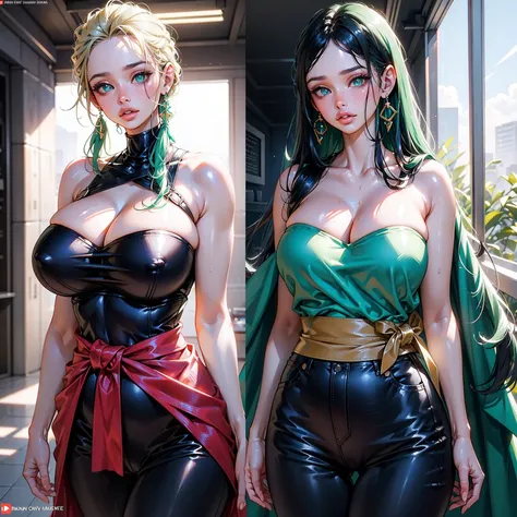 ((SUPREMELY FIRM ROUND BREASTS)), (((MOST OUTRAGEOUSLY GIGANTIC FAKE :1,2))), (strapless bra),  Could you please draw a female version of Roronoa Zoro from One Piece? She should have Zoros trademark green hair, but perhaps in a longer, more feminine style....