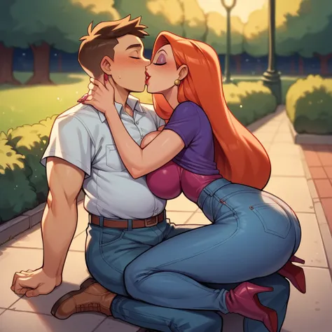 Jessica Rabbit is kissing passionately with a fat boy, she has big tits and a big ass, she wears a top and jeans and boots, he wears a polo shirt and jeans, she is happy, park, night