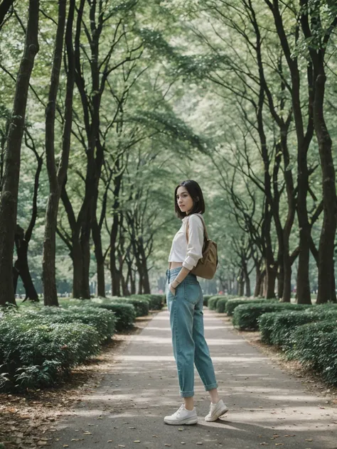 her name is Elle, high quality, 1girl, ((20-year-old fit Caucasian woman)), ((20 years old)), ((fit)), ((pale skin)), short length straight dark hair , wearing Deconstructed Denim Jacket + High-Waisted Utility Cargo Pants, pose: standing, background: Write...