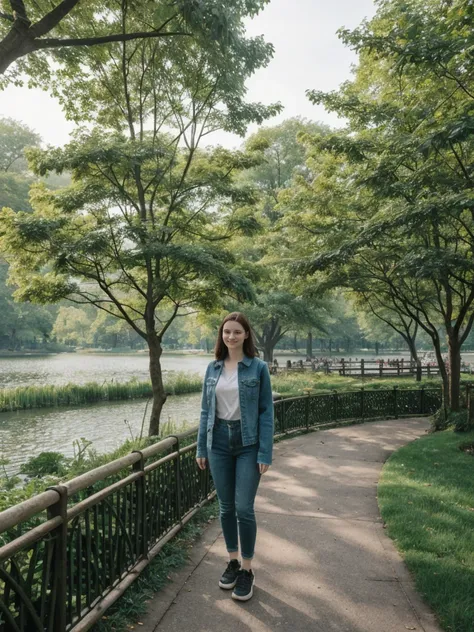 her name is Elle, high quality, 1girl, ((20-year-old fit Caucasian woman)), ((20 years old)), ((fit)), ((pale skin)), short length straight dark hair , wearing Deconstructed Denim Jacket + High-Waisted Utility Cargo Pants, pose: standing, background: Write...