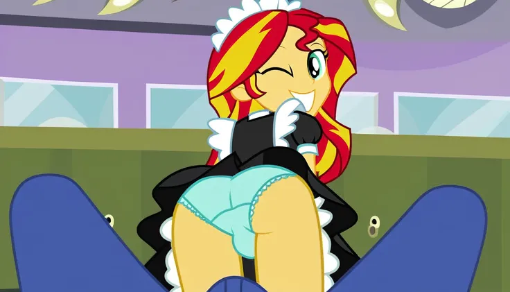 upskirt, female and male pov, smiling, wink, looking at you, equestria girls, sunset shimmer, butt, clothes, maid, panties, panty shot, underwear, sunbutt, show accurate, vector, male pov, tenting, crotch bulge, erection in pants, offscreen male character