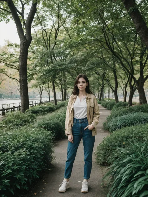 her name is Elle, high quality, 1girl, ((20-year-old fit Caucasian woman)), ((20 years old)), ((fit)), ((pale skin)), short length straight dark hair , wearing Deconstructed Denim Jacket + High-Waisted Utility Cargo Pants, pose: standing, background: Write...