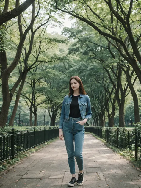 her name is Elle, high quality, 1girl, ((20-year-old fit Caucasian woman)), ((20 years old)), ((fit)), ((pale skin)), short length straight dark hair , wearing Deconstructed Denim Jacket + High-Waisted Utility Cargo Pants, pose: standing, background: Write...