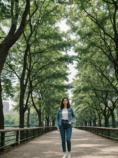 her name is Elle, high quality, 1girl, ((20-year-old fit Caucasian woman)), ((20 years old)), ((fit)), ((pale skin)), short length straight dark hair , wearing Deconstructed Denim Jacket + High-Waisted Utility Cargo Pants, pose: standing, background: Write...